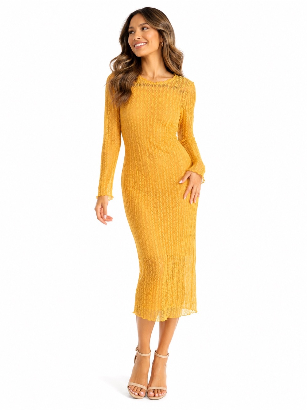Mustard Yellow Lace Sleeve BodyCon Stretch Knit Midi Y2K Dress. Small